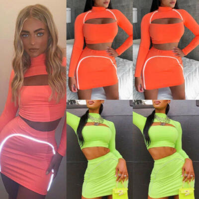 

Sexy Women 2 Piece Bodycon Crop Top & Skirt Set Long Sleeve Dress Party