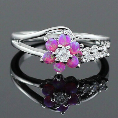 

Exquisite Round Cut White Fire Opal Stone 925 Sterling Silver Flower Women Opal Rings Diamond Jewelry Birthday Proposal Gift
