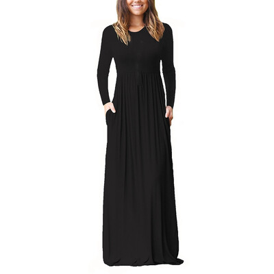 

Women Autumn Stylish Concise Casual All-match Solid Color Long Sleeve Round Collar Long Style Dress