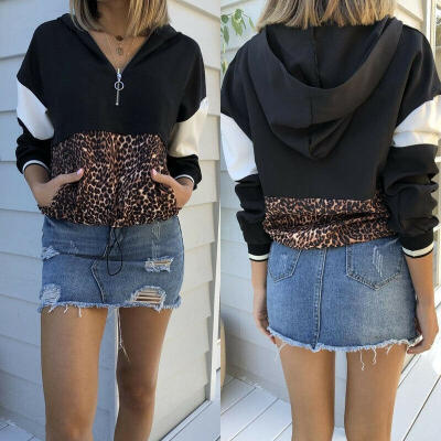 

Women Fashion Leopard Patchwork Sweatshirt Black Long Sleeve Pullover Hooded Sweatshirts Autumn Tops Blouse -XL