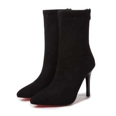 

Pointed short boots womens thick-heeled high-heeled bare boots Europe&America 2018 winter suede Joker thin leg short elastic