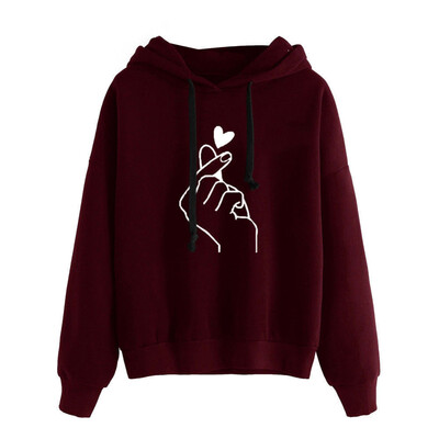 

Snap Finger Heart Print Long Sleeve Hoodies Sports Women Hooded Sweatshirt Top