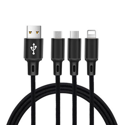 

One Drag Three Mobile Phone Data Cable 3-in-1 Lightning Micro USB Type-C 2A Fast Charging Cable For Android Apple-12m