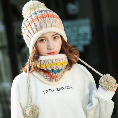 

New Fashion Women Girls Thicken Crochet Winter Warm Hats Scarf set Outdoor Ski Wool Beanie Caps