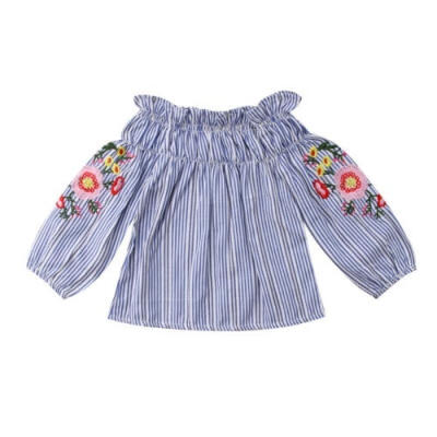 

Toddler Infant Baby Kids Girl Stripe Embroider Off-Shoulder T-shirt Tops Clothes