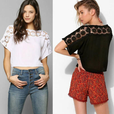 

USA Women Casual Shirt Short Sleeve Crop Top Hollow Out Lace Casual T-Shirt Tee