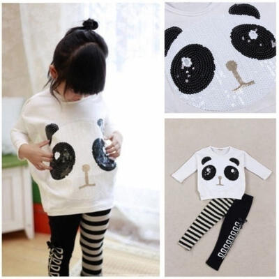 

Fashion Toddler 2Pcs Set Panda Pullover TopsStripe Leggings Kids Girls Outfits