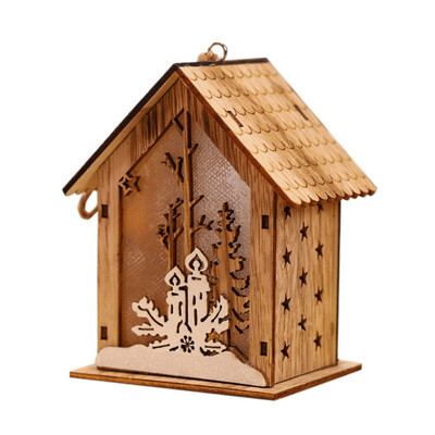 

Christmas Small Wooden House Ornament Led Light Up Xmas Tree Hanging Decoration Glowing Elk Santa Bell Design Mini Wood House