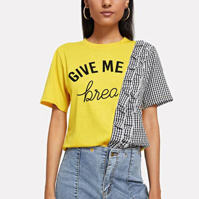 

Yellow Casual Stitching Letter Folds Round Neck Cotton Women short-sleeved womens T-shirt Blouse 3