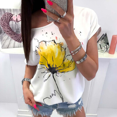 

Starmoon Women Casual Floral Print Blouse Short Sleeve Loose Top Shirt Tee