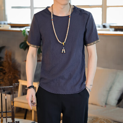 

Toponeto Men Vintage Baggy Embroidery Linen Solid Short Sleeve Retro T Shirts Tops Blouse