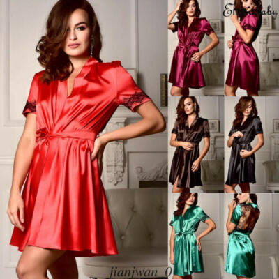 

Women Satin Silk Lace Lingerie Sleepwear Kimono Bath Robe Pyjama Gown Nightdress