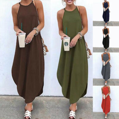 

Womens Slip Dress Sleeveless Irregular Hang Neck Strappy Summer Long Loose Dress