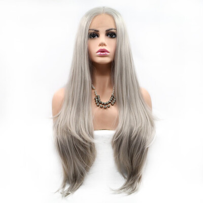

Amazing Star Lace Frontal Wigs Grey Color Natural Straight Hair Heat Resistant Fiber Middle Part Synthetic Hair
