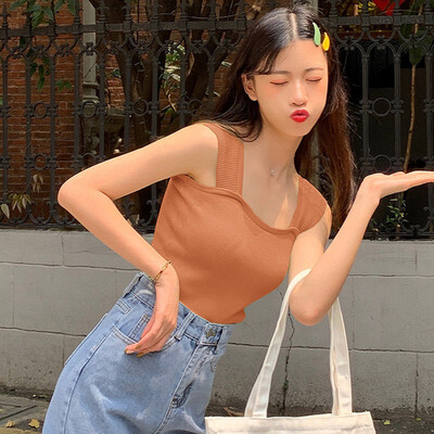 

Womens Sexy Square Collar Solid Sleeveless Pullover Knitted Tank Top