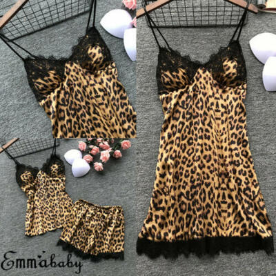 

2Pcs Womens Sexy Satin Lace Sleepwear Babydoll Lingerie Nightdress Pajamas Set