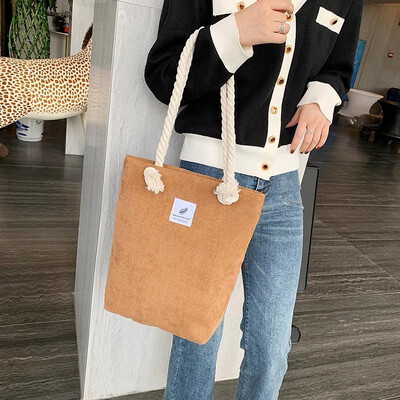 

Women Corduroy Shoulder Bag Shopping Totes Large Capacity Zipper Top Vintage Holiday Casual Handbag