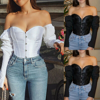

Fashion Womens Off Shoulder Long Sleeve T Shirt Corset Strap Casual Blouse Tops