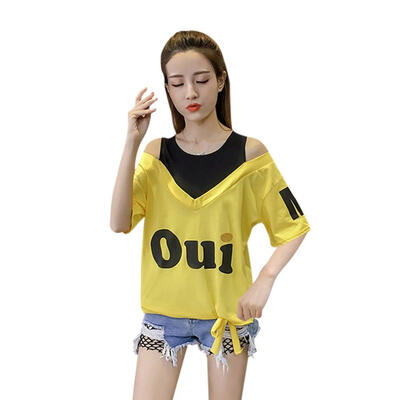 

Women Round Collar Strapless Straps Summer Letters Print Loose Short Sleeve Fake Two Loose Casual Simple Wild T-Shirt