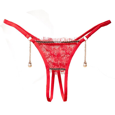 

Toponeto New Women Lace Briefs Sexy Lingerie Underwear Open Crotch Pearl Pendant Panties