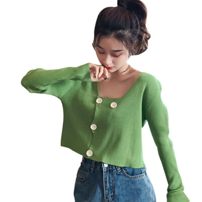 

Solid Color Women Button knitted Tshirt Autumn Ladies Long Sleeve Solid Color Harajuku Top Clothes Streetwear