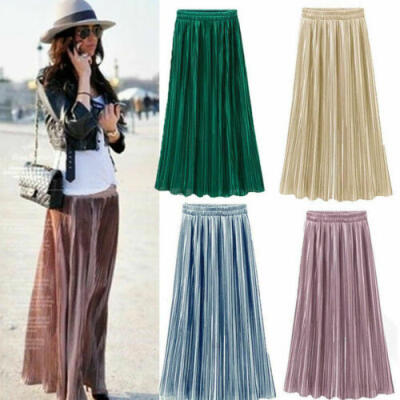 

US Women High Waist Plain Flared Pleated Beach Casual Midi Long Skirt Dress