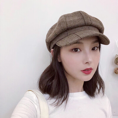 

Beret Female British Style Leisure Chequered Octagonal Hat Korean Edition Simple Retro Student Duck Tongue Hat Man Tide