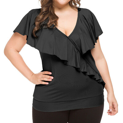 

Roseonmyhand Fashion Women Casual Plus Size Ruffles T-shirt V-Neck Solid Sleeveless Tops