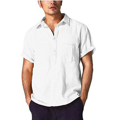 

Mens Casual Linen Short Sleeve Summer Solid Shirts Loose Dress Soft Tops Tee