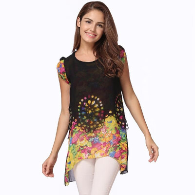 

New Fashion Women Chiffon Blouse Floral Print Hollow Out Overlay Petal Sleeves Tops Black