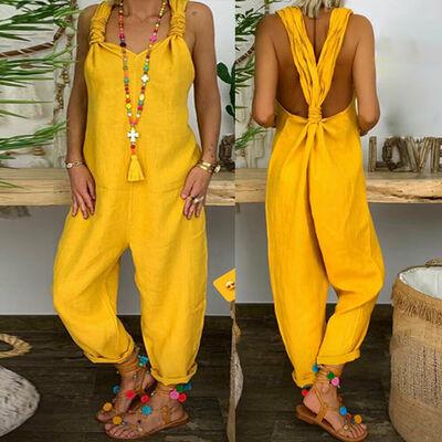 

Womens Sleeveless Casual Linen Jumpsuit Loose Wide Leg Pants Strap Harem Trousers Overalls