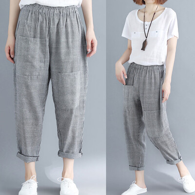 

Tailored Woman Striped Harem Pants Fashion Loose Cotton Linen Pants Casual Pocket Pants