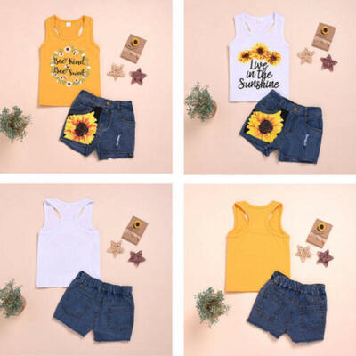 

US 2PCS Toddler Baby Girl Summer Clothes Floral Tops Vest Denim Pants Outfits
