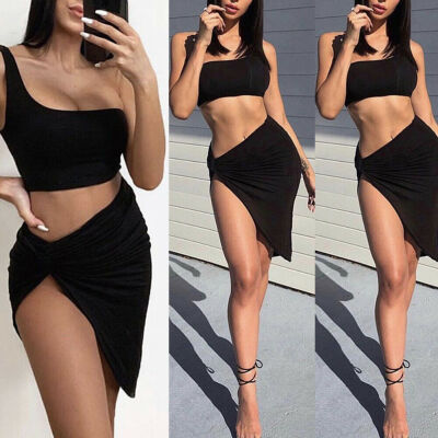 

Womens Skirt Crop Top 2 Piece Set Tank Top&Skirt Dress Ladies Bandage Bodycon Party Clubwear