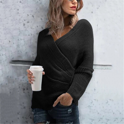 

Women Casual Office Slim Fit Solid Color Sweater Tops Cross V-Neck Long Sleeve