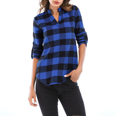 

Women V-Neck Plaid Blouse Long Sleeve Fashion Single Breasted Top Plus Size