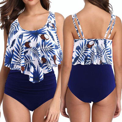 

Roseonmyhand Women Two Piece Plus Size Sexy Backless Halter Beach Printed Swimwear Set