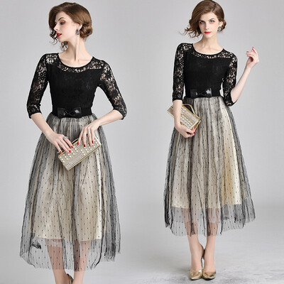 

2018 Autumn Mesh Dresses Hollow Out Women Half Sleeve Floral Crochet Casual Black Lace Dress Femininas Vestidos