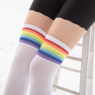 

Rainbow Stockings Autumn Winter Over The Knee High Tube Striped Students Stocks
