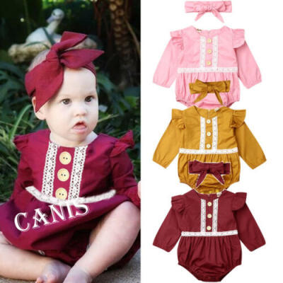 

US Newborn Baby Girl Autumn Clothes Long Sleeve Lace Romper Jumpsuit 2PCS Outfit