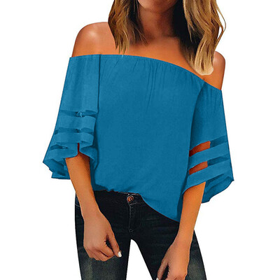 

Starmoon Women Off Shoulder Mesh Panel Blouse 34 Bell Sleeve Loose Top Shirt