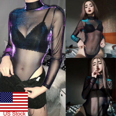 

New Womens Ladies Long Sleeve Mesh Fish Net Leotard Bodysuit Top Size