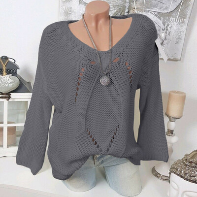 

Tailored Women Casual Solid O-Neck Knitted Hollow out Long Sleeve Sweater Top Blouse