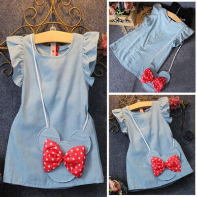 

UK Princess Kids Baby Girls Dress Minnie Mouse Denim Party Dresses Bag Clothes