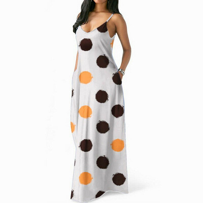 

Women Summer Casual Sleeveless Polka Dot Skirt Evening Party Beach Long Dress