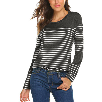 

Nomeni Women Autumn Long Sleeve O Neck Striped Patchwork Pullover TShirt Tops Blouse