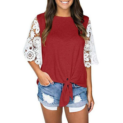 

Starmoon Women Casual O-neck Lace Stitching Half-Sleeve Bow Tie Casual Top