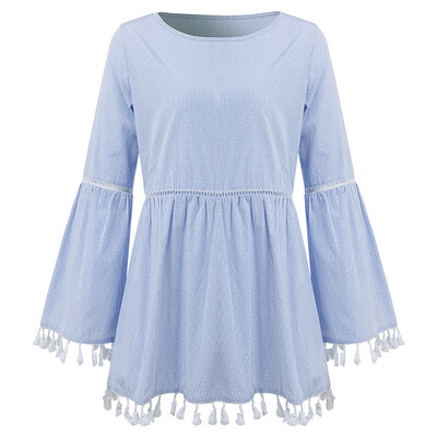 

Women Long Bell Sleeve Shirts Tops Round Neck Splicing Fringed Blouse T-shirt