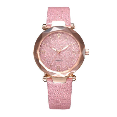 

Women Fashion Casual Starry Night Dial Quartz Watch Exquisite Leather Band Alloy Case Wrist Watch