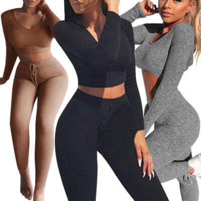 

US New Womens Stylish Long Sleeves Deep V Neck Club Party Long Jumpsuit 2pcs